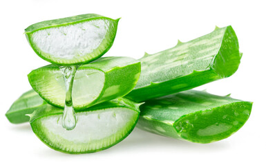 Fototapeta premium Aloe vera slices and aloe gel dropping from slice isolated on white background.
