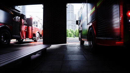 Fire truck quickly leaves for the call, garage door at fire department opens. 3d rendering.