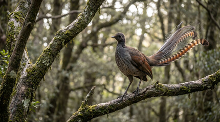 Obraz premium Lyrebird Perched on Mossy Tree Branch in Australian Forest