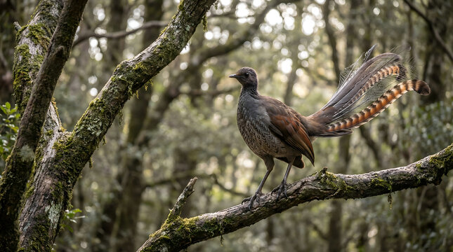 Lyrebird Perched on Mossy Tree Branch in Australian Forest