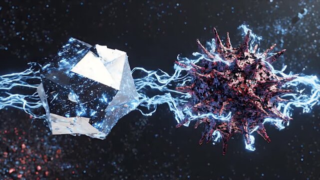 Abstract 3D CGI Concept of Artificial Intelligence Defending Against Digital Malware Threat with Electric Energy and Geometric Shapes on Dark Cosmic Background