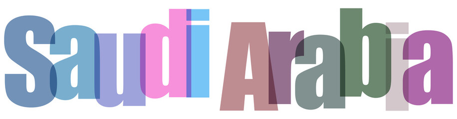 Saudi Arabia text in colorful overlapping letters with a modern, transparent effect, ideal for travel, culture, or business themes on a clean white background © Stocker Man