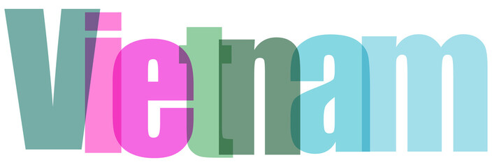 Colorful "Vietnam" text with overlapping letters in shades of pink, green, and blue, creating a vibrant and modern typographic design on a white background, ideal for travel and cultural themes. © Stocker Man