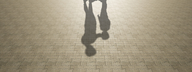Concept or conceptual background of floor texture surface with a human shadow as silhouette. A 3d illustration metaphor to young childhood education, fun happy family child parent relationship design