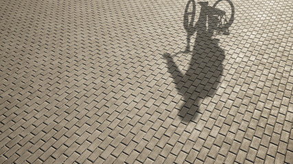 Naklejka premium Concept or conceptual background of floor texture surface with a human shadow as silhouette. A 3d illustration metaphor for biking recreation workout, healthy lifestyle for fun leisure cycling design