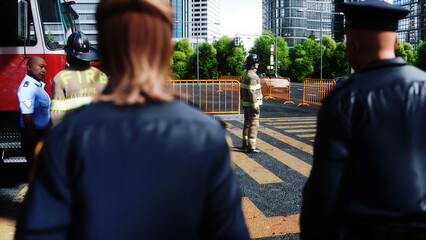 Fire station. A firefighter stands next to a fire engine. Fire trucks, their lights on, are ready to go. 3d rendering. © 3D motion