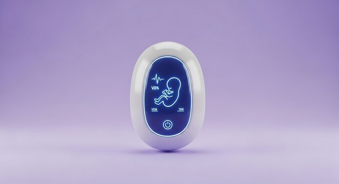 A small white and blue fetal heart rate monitor on a purple background