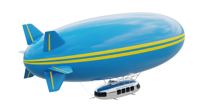 Blue and yellow zeppelin PNG isolated on transparent background, vintage airship for travel and adventure concepts
