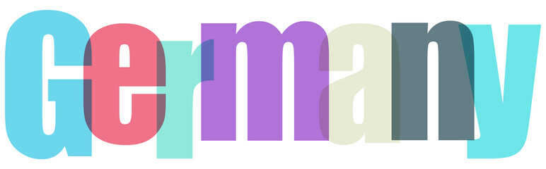 Colorful Germany text with overlapping letters in blue, red, purple, beige, and teal hues, creating a modern graphic design element for travel and cultural themes © Stocker Girl