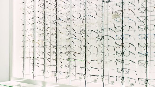 Eyeglasses collection displayed at an optical shop