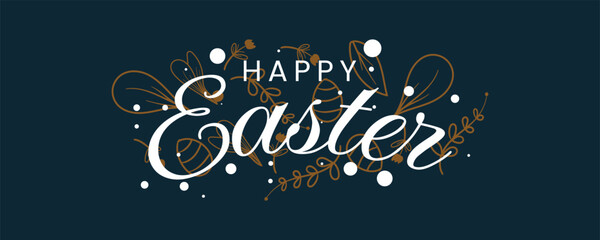 Happy Easter typography text design with hand drawn leaves and flowers on dark blue background for greeting card © StudioHaxe