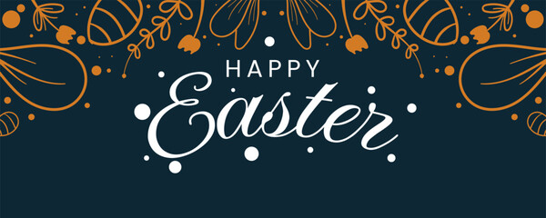 Happy Easter typography text design with hand drawn leaves and flowers on dark blue background for greeting card © StudioHaxe