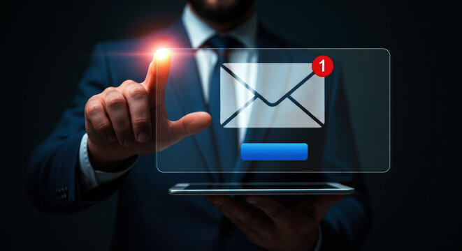 Businessman interacting with a digital email interface on a transparent screen