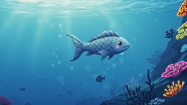 Cartoon blue fish with cute expression swimming in a vibrant underwater scene