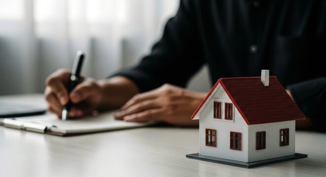 A person signing documents with a model house on the table