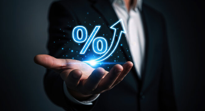 Businessman presenting a glowing percentage increase symbol