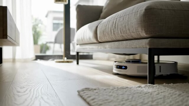 Robot vacuum moves under couch and table in modern living room. Sunlight filters through windows creating bright space. Concept of home cleaning, smart technology, domestic services