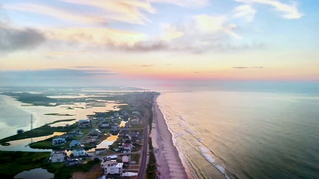 4k Aerial view of the sunrise over the Ocean 