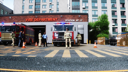 Fire station. A firefighter stands next to a fire engine. Fire trucks, their lights on, are ready to go. 3d rendering. © 3D motion