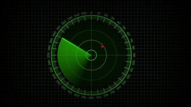 Green cyber radar screen with spinning sweep against a dark digital grid background.