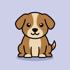 Vector illustration of cute brown and white cartoon puppy sitting on a light blue background looking friendly and approachable with big eyes and floppy ears