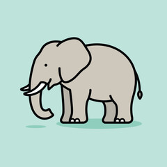 Fototapeta premium Vector illustration of a cartoon illustration of a gray elephant standing on a green background with a black outline and a small shadow underneath its feet, looking cute and playful