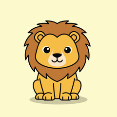 Fototapeta premium Vector illustration of a cute cartoon lion with a brown mane sitting on a pale yellow background looking friendly and approachable with big eyes and a happy expression