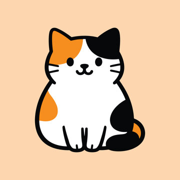 Vector illustration of cute cartoon calico cat sitting and looking ahead on colored background