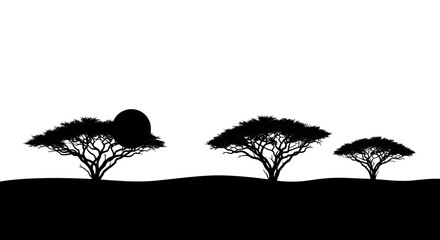 Three silhouetted acacia trees standing on a savanna landscape under the moon © Mamun