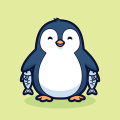 Vector illustration of a cute cartoon penguin standing on a green background with a happy expression on its face and flippers by its sides looking friendly © JIHAD HOSSAIN