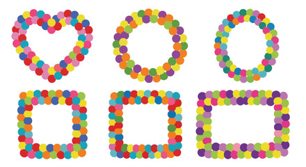 Colorful heart circle and square frames composed of vibrant polka dots