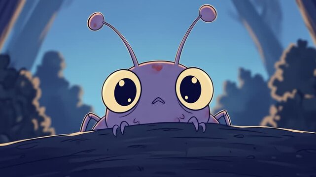 Cartoon alien peering over a log against a blue sky, animated forest background