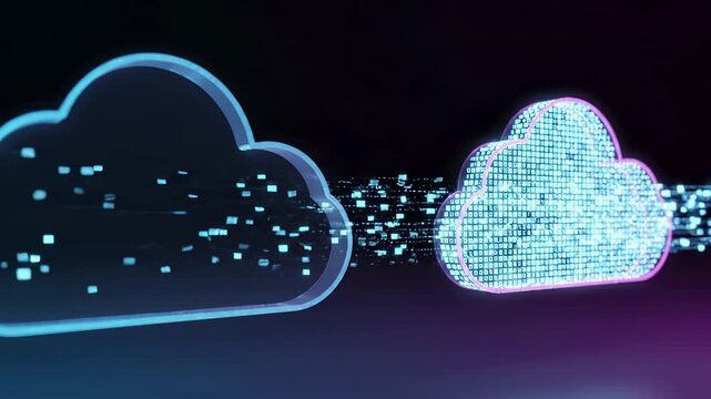 Two glowing digital cloud icons connected by a stream of data particles. To transfer and migration concept for modern it infrastructure, storage synchronization, and network connectivity.