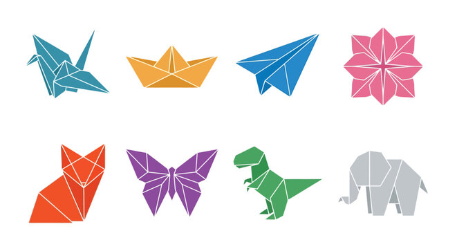 Colorful origami animals and shapes arranged on a white background