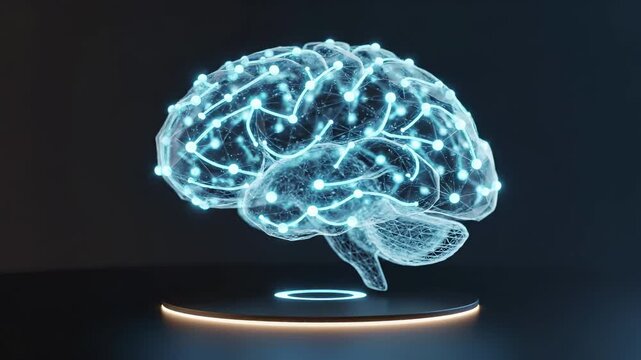 Glowing wireframe brain with interconnected neural nodes rests on a illuminated pedestal. Artificial intelligence, neuroscience, and cognitive computing technology concept.