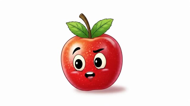Cartoon red apple with big eyes, stem, and leaves, resting on a white surface