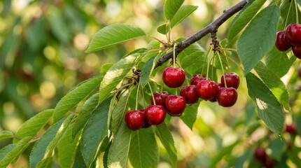 Fototapeta premium Close-up of ripe red cherries on a branch from the side, green leaves and soft blurred background, natural sunlight, fresh summer fruit on a cherry tree.