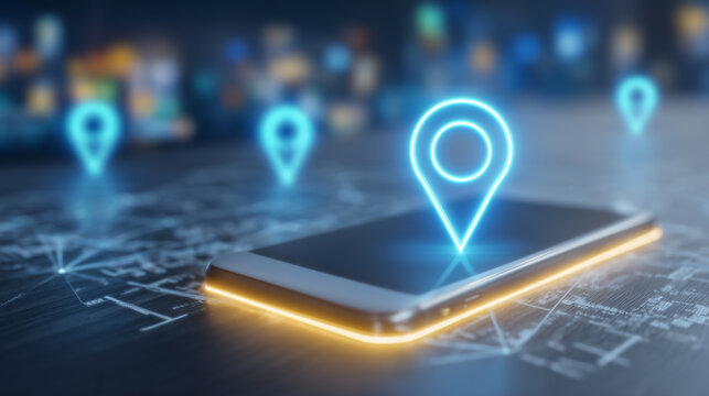 A smartphone with glowing location pins above a digital map, representing mobile navigation, geolocation tracking, and connected location services.
