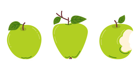 Set of green apples with whole fruit, slices, leaves and seeds, fresh organic fruit isolated on white background, healthy snack concept. Collection of ripe, healthy apples for autumn harvest, school