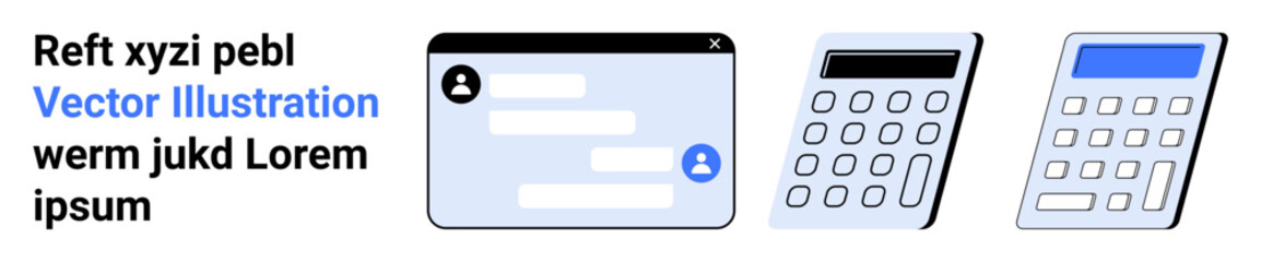 Fototapeta premium Technology, financial tools, user interface design, business software, online services, communication. Chat interface and calculator icons in a simple layout. Technology and financial tools concept