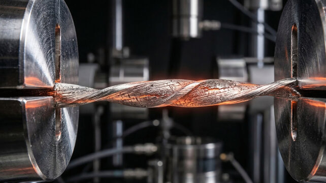 Extreme macro of a thick metallic cable glowing under immense torsion stress in a mechanical testing machine