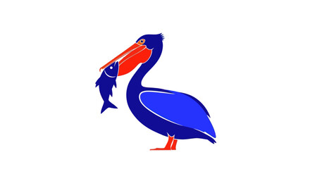 Stylized Blue Pelican Bird with Red Beak Holding a Fish in its Mouth © paloma