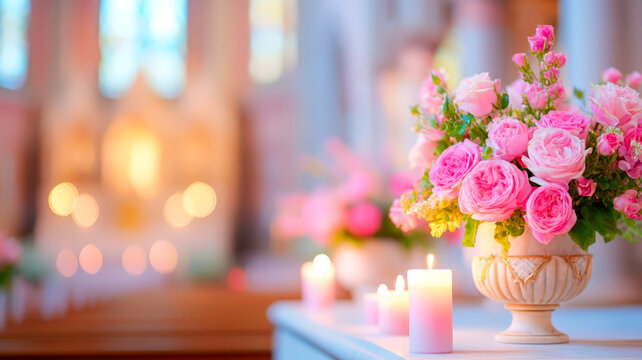 Ornate Memorial Urn with Pink Roses and Lit Candles for Solemn Funeral Service