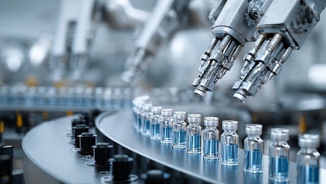 Automated pharmaceutical production line with robotic arms processing vaccine vials, high-tech medicine manufacturing factory, biotechnology industry 4.0 and healthcare automation technology.