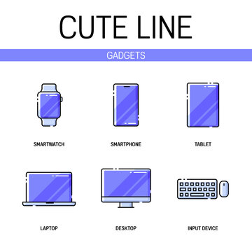 High-tech gadget and computer related icons set contains elements of desktop, laptop, tablet, smartphone and more. Flat filled outline style. Pixel perfect. Editable stroke
