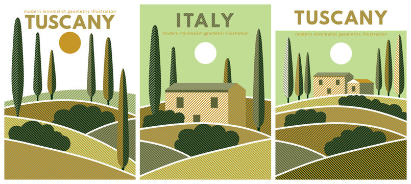 Italian Tuscany Nature and landscape. Vector modern geometric illustration of rural landscape, farmhouse and fields, village, eco farm, agricultural fields. Line art for poster, background or cover.