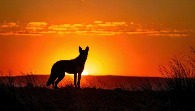 Silhouette of a Coyote Against a Vibrant Sunset Sky.