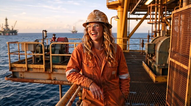 Smiling female engineer on an offshore oil rig at sunset. Young Caucasian woman wearing a hard hat and orange coveralls on an industrial platform. Energy and petroleum industry worker