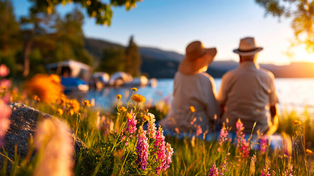 Retired Senior Couple Enjoying Peaceful Tranquility by a Scenic Lake in Summer