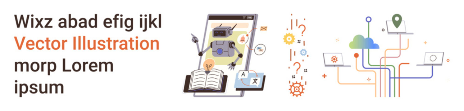 Artificial intelligence, education, data sharing, automation, cloud computing, and technology integration. Robot learning from a book and interconnected data pathways. Artificial intelligence